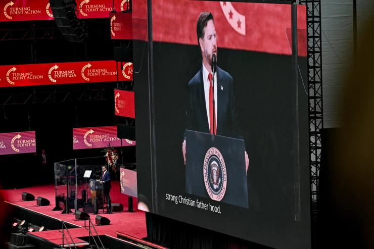 Vice President JD Vance speaks during a memorial service for slain conservative commentator Charlie Kirk