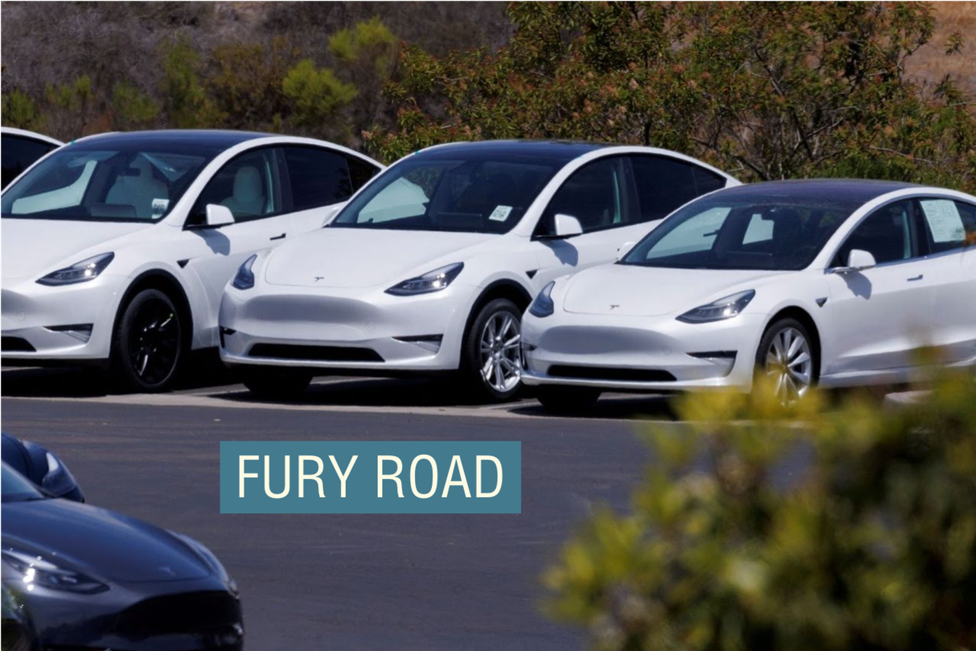 Tesla vehicles in California lot.