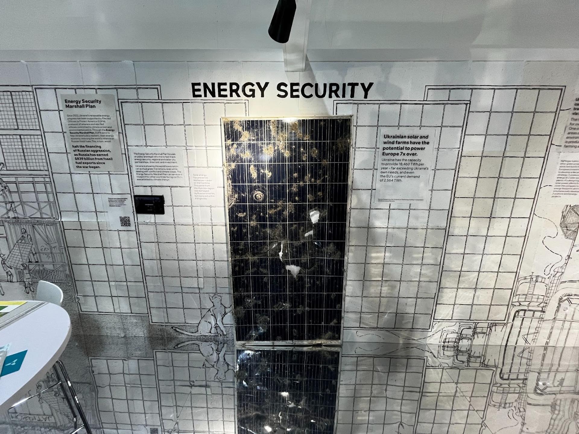 Ukraine’s COP29 pavilion featured a solar panel destroyed by Russian air attacks.