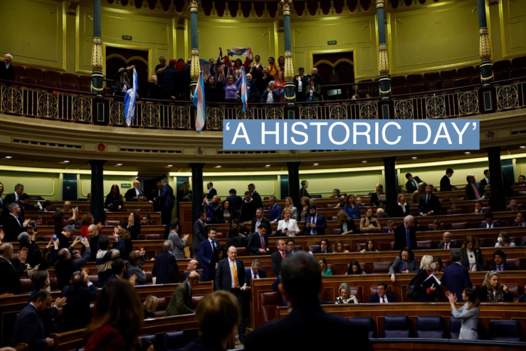 Spain’s Minister for Equality Irene Montero claps as LGBT activists celebrate after a vote giving the final approval to a law that will make it easier for people to self-identify as transgender, at the Parliament in Madrid, Spain, February 16, 2023.