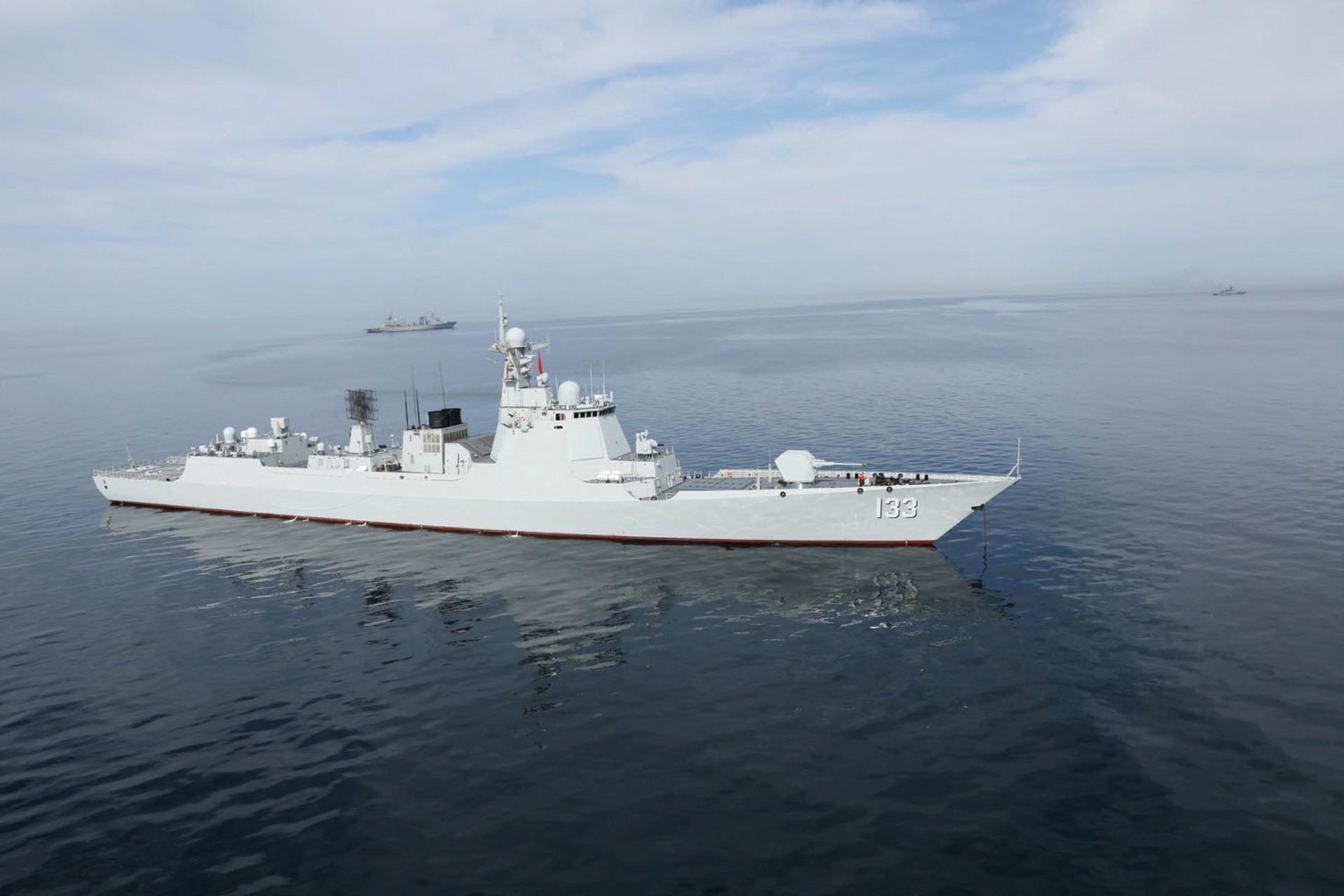 A warship is seen during the joint Navy exercise of Iran, China and Russia in the Gulf of Oman.