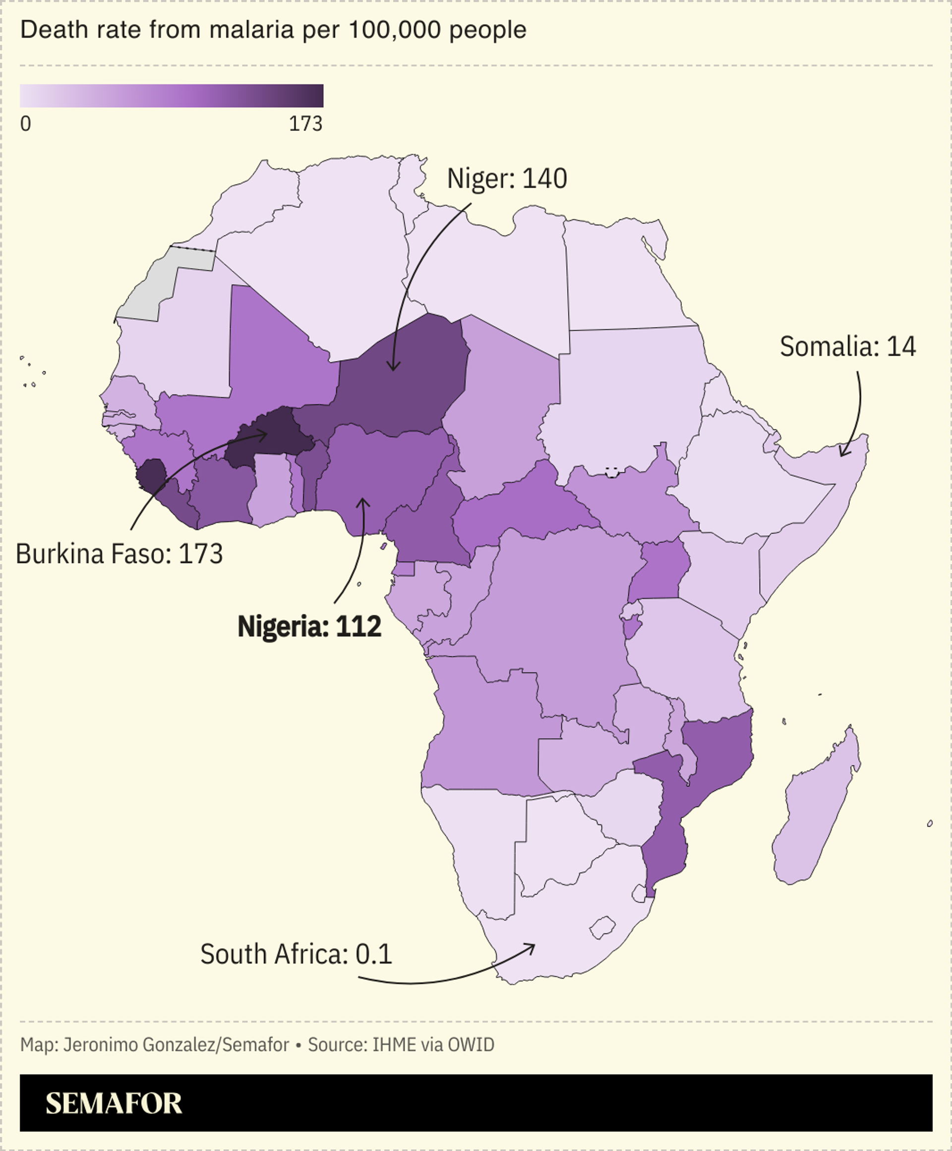 A chloropleth map of Africa showing death rate from malaria per 100,000 people