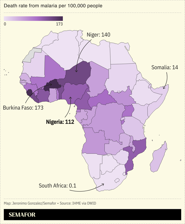 A chloropleth map of Africa showing death rate from malaria per 100,000 people