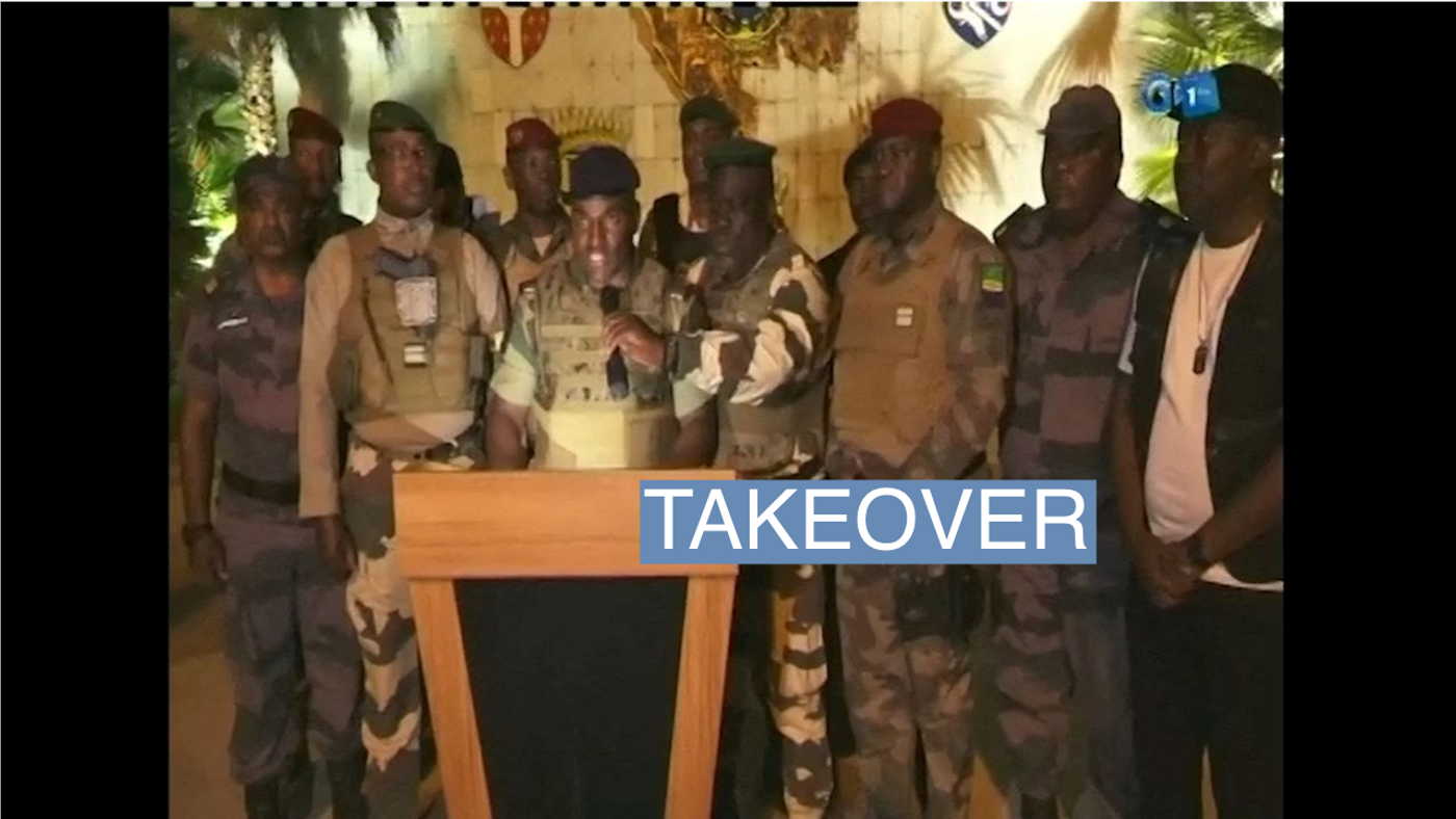 Gabonese military appear on television as they announce that they have seized power following President Ali Bongo Ondimba's re-election, in this screengrab obtained by Reuters on August 30, 2023. Gabon 1ere/Handout via REUTERS 