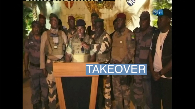 Gabonese military appear on television as they announce that they have seized power following President Ali Bongo Ondimba’s re-election, in this screengrab obtained by Reuters on August 30, 2023. Gabon 1ere/Handout via REUTERS