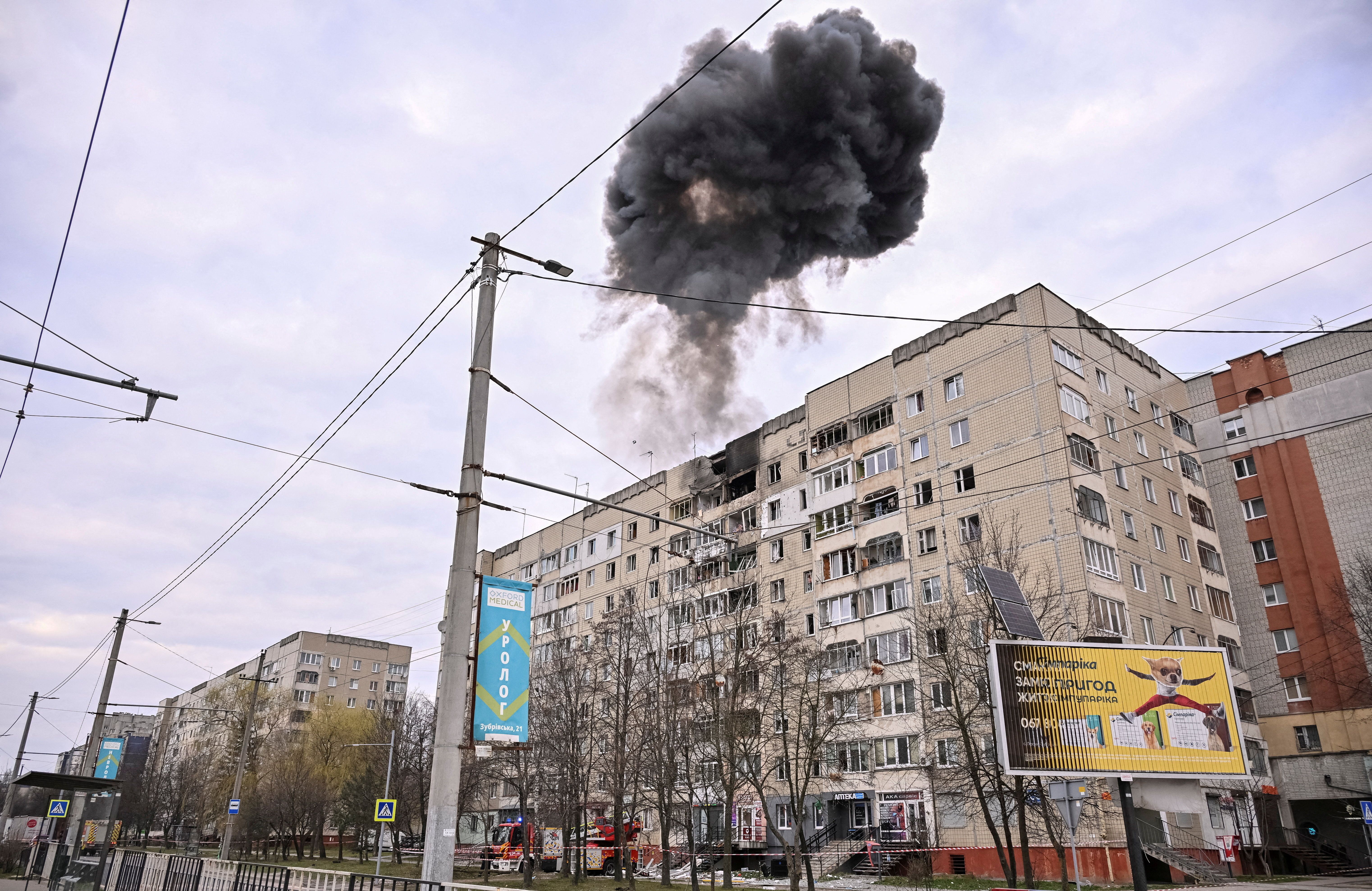 A drone hitting a building in Ukraine