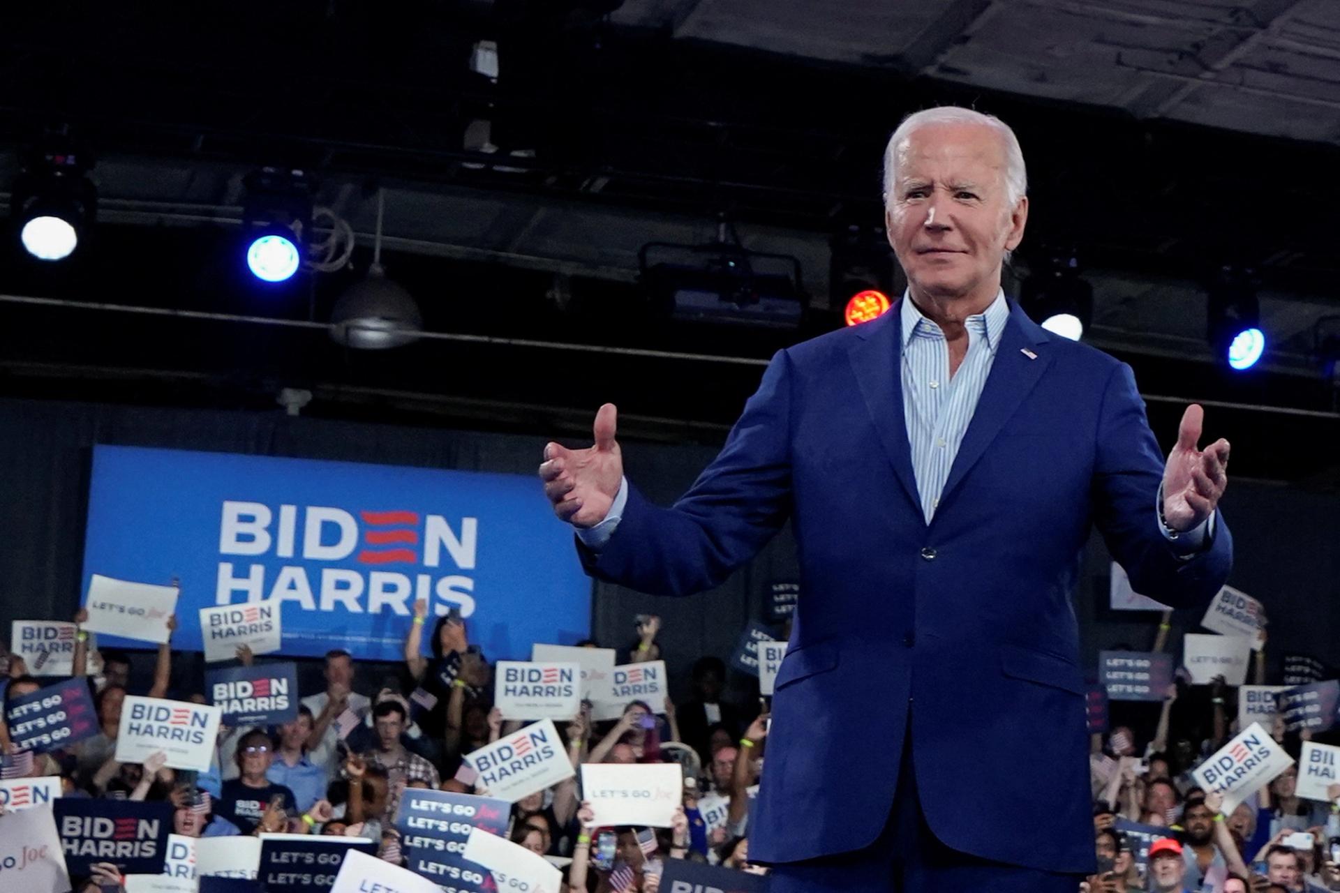 President Joe Biden gestures during a campaign rally in Raleigh, North Carolina, on June 28, 2024. 