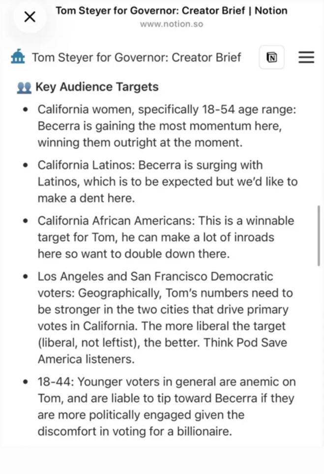 Screenshot of creator brief 
