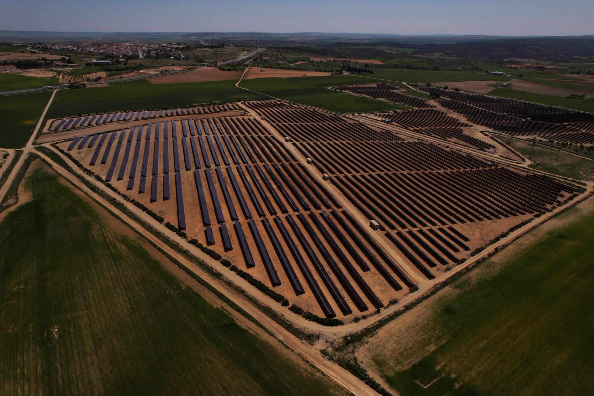 Solar panels are pictured at a solar energy park in Saelices, Spain, May 11, 2022.