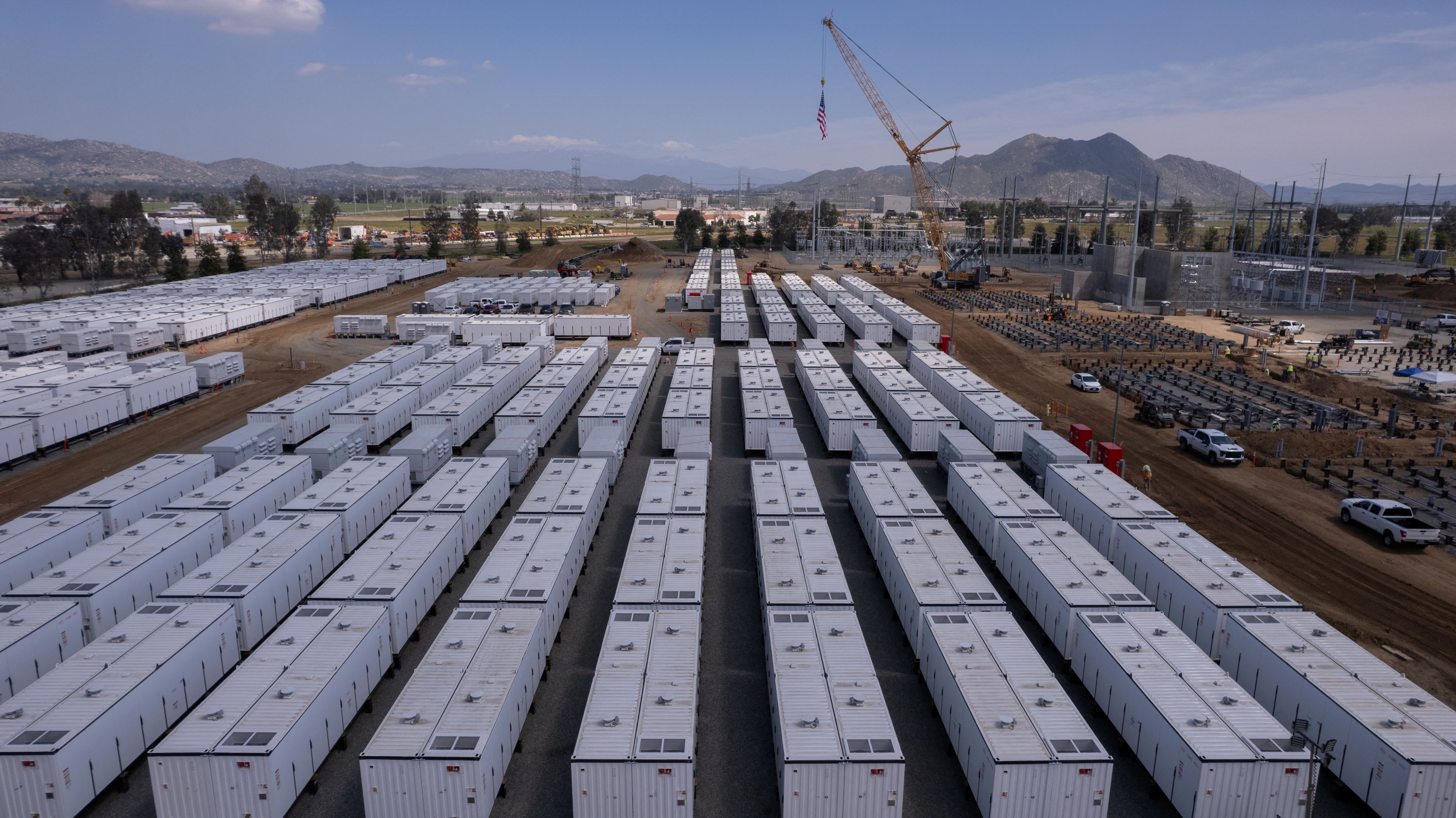 A drone view shows California’s largest battery storage facility, as it nears completion on a 43-acre site in Menifee, California, U.S., March 28, 2024. 
