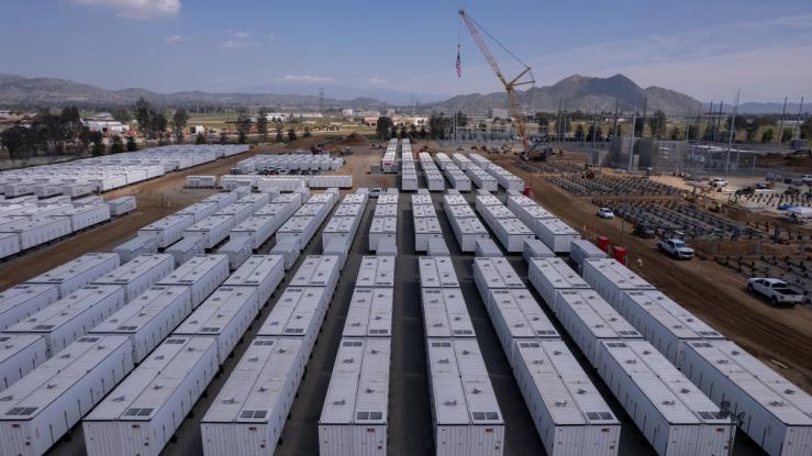 A drone view shows California’s largest battery storage facility, as it nears completion on a 43-acre site in Menifee, California, U.S., March 28, 2024.