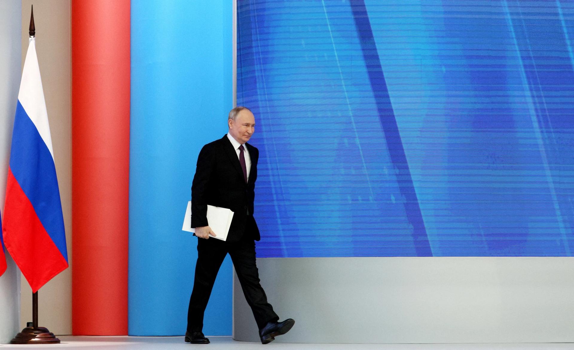 FILE PHOTO: Russian President Vladimir Putin walks to deliver his annual address to the Federal Assembly, in Moscow, Russia, February 29, 2024. Sputnik/Gavriil Grigorov/Kremlin via REUTERS