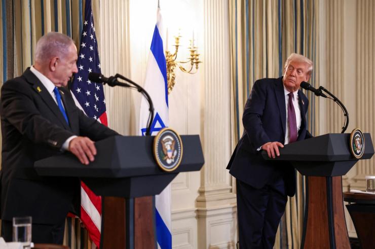 US President Donald Trump and Israeli Prime Minister Benjamin Netanyahu hold a joint press conference in the State Dining Room at the White House