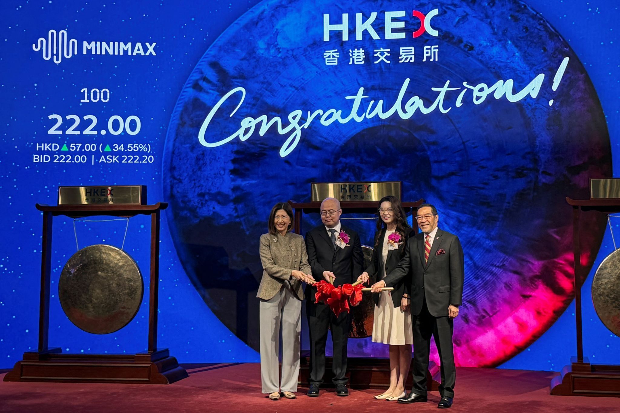 MiniMax founder and CEO Yan Junjie (2nd L) and COO Yun Yeyi (2nd R) pose with Hong Kong Stock Exchange CEO Bonnie Chan (L) and Chairman Carlson Tong at the Chinese artificial intelligence model developer’s listing ceremony at the Hong Kong Stock Exchange
