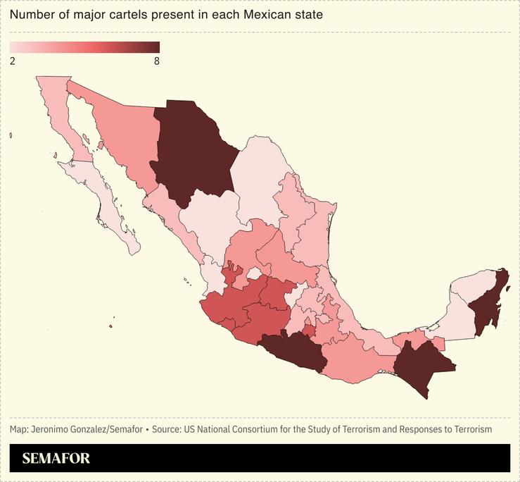 A map showing the location of major cartels in Mexico.