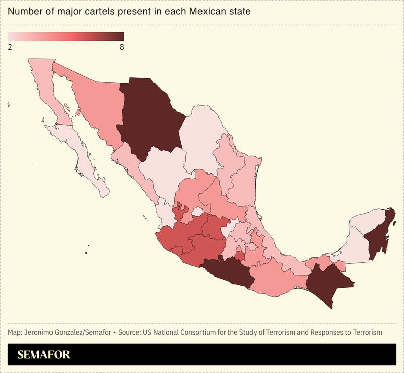 A map showing the location of major cartels in Mexico.