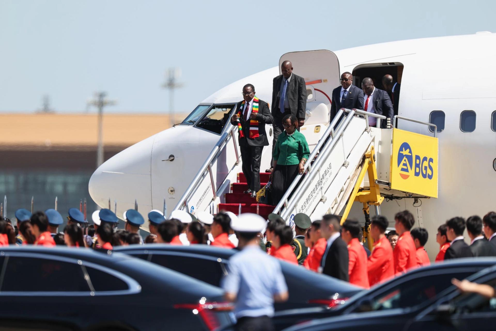 Zimbabwe President Emmerson Mnangagwa arriving at Beijing Capital International airport. 