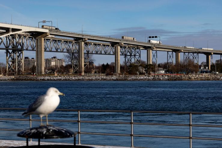 Trucks cross the Blue Water Bridge between Port Huron, Michigan, and Sarnia, Ontario.