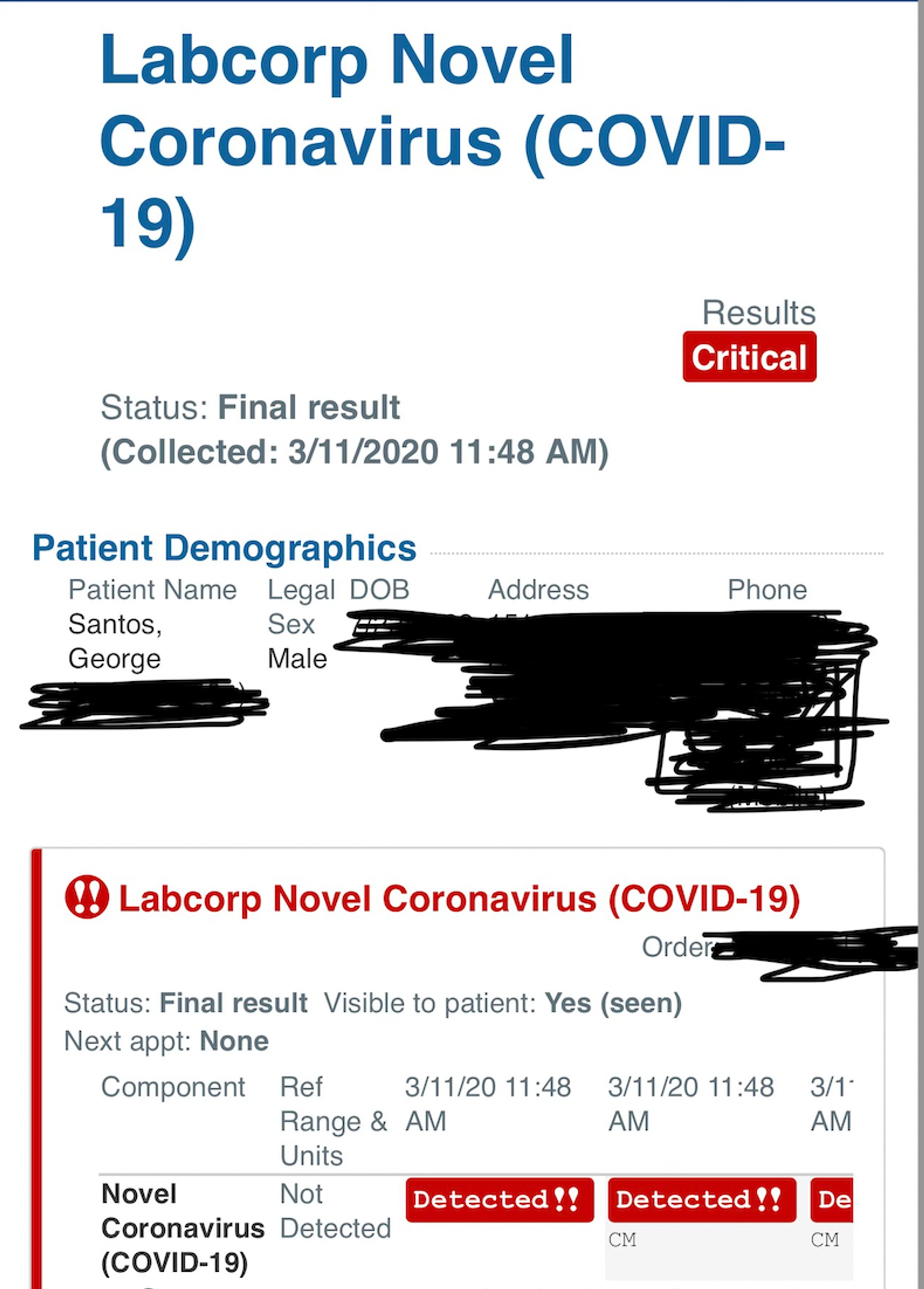 A purported image of a COVID-19 diagnosis provided by George Santos.