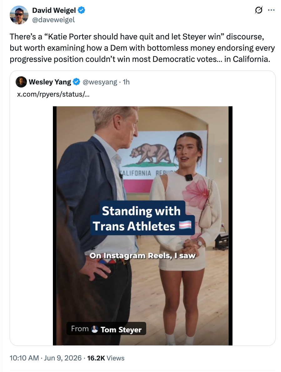 David Weigel post: There’s a “Katie Porter should have quit and let Steyer win” discourse, but worth examining how a Dem with bottomless money endorsing every progressive position couldn’t win most Democratic votes… in California.