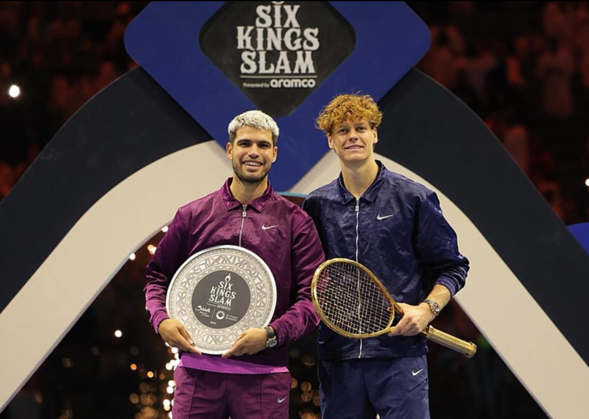 Photo of World No.1 and No. 2, Carlos Alcaraz and Jannik Sinner, at the Six Kings Slam final. 