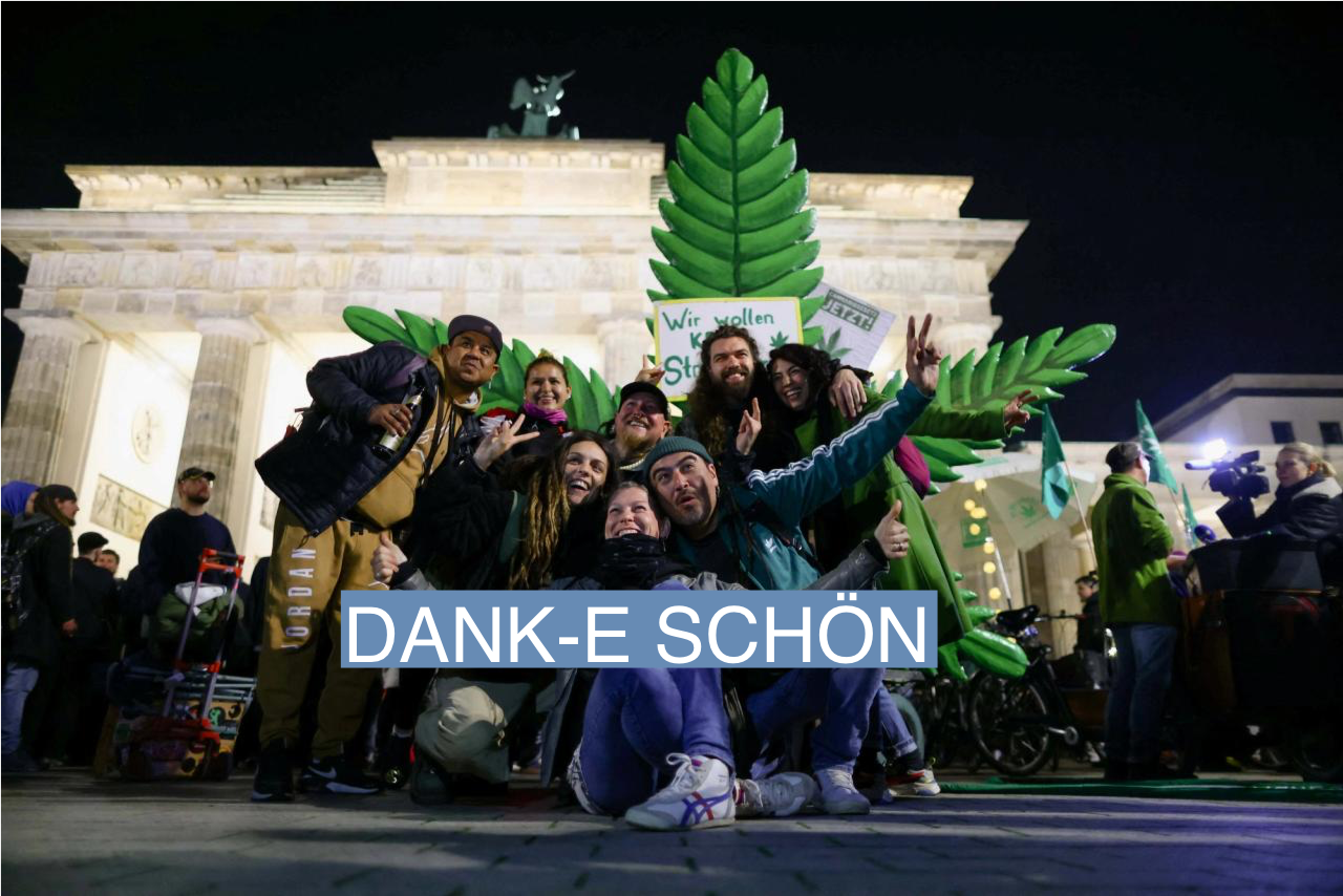 People pose for a picture as Germany’s friends of cannabis celebrate the part legalisation of cannabis starting on April 1 with a “smoke in” at Brandenburg Gate in Berlin, Germany,