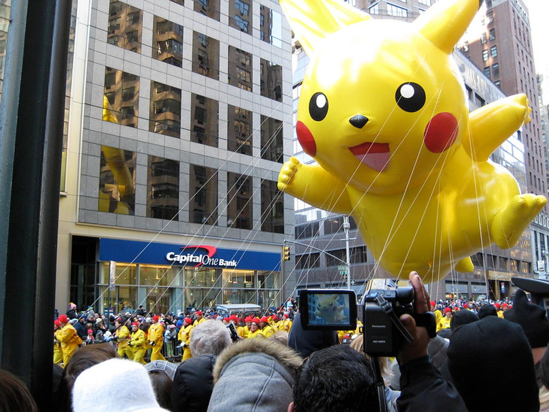 Giant yellow Pikachu balloon in a parade in New York.