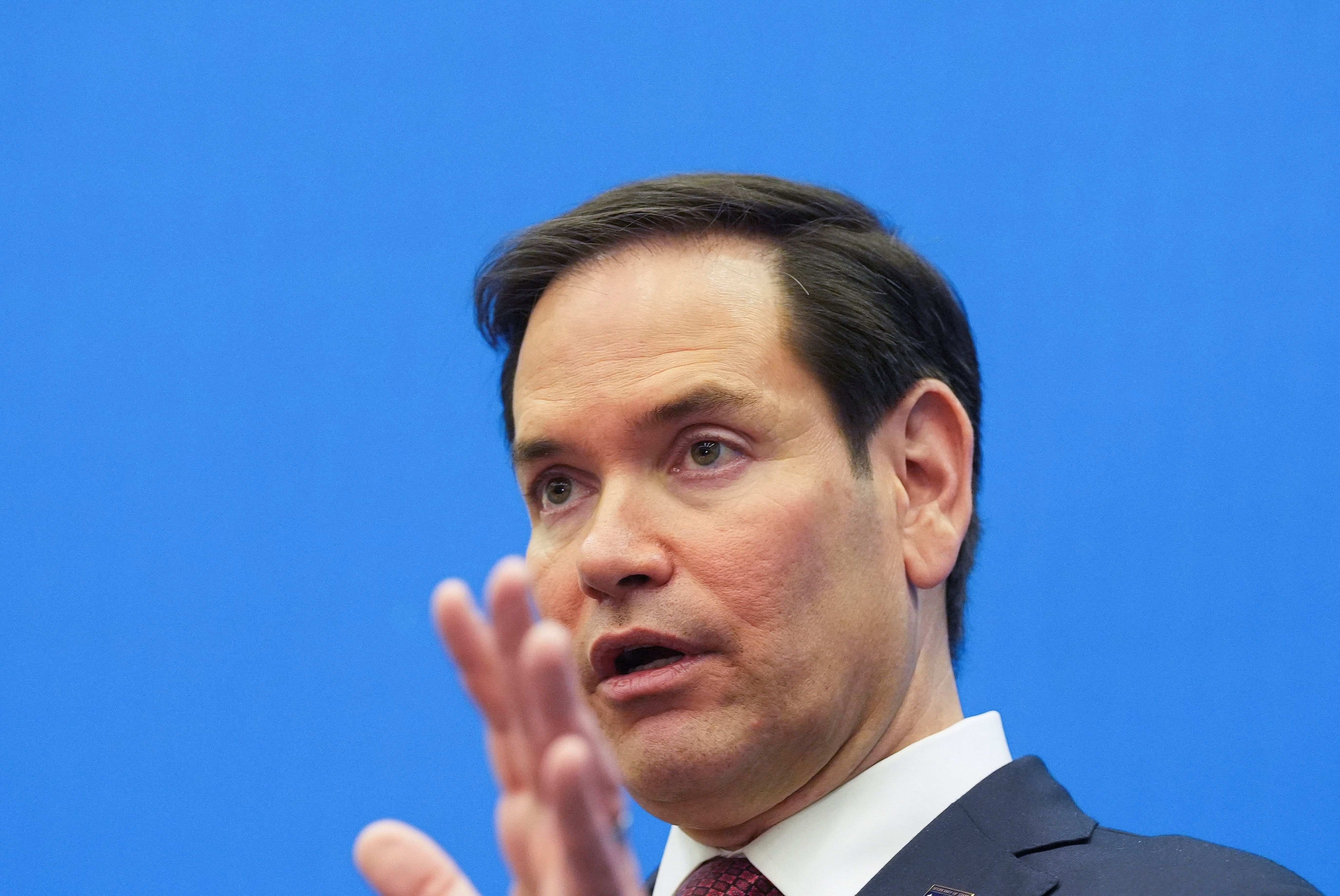 U.S. Secretary of State Marco Rubio talks to reporters at the NATO headquarters in Brussels, Belgium, April 4, 2025.