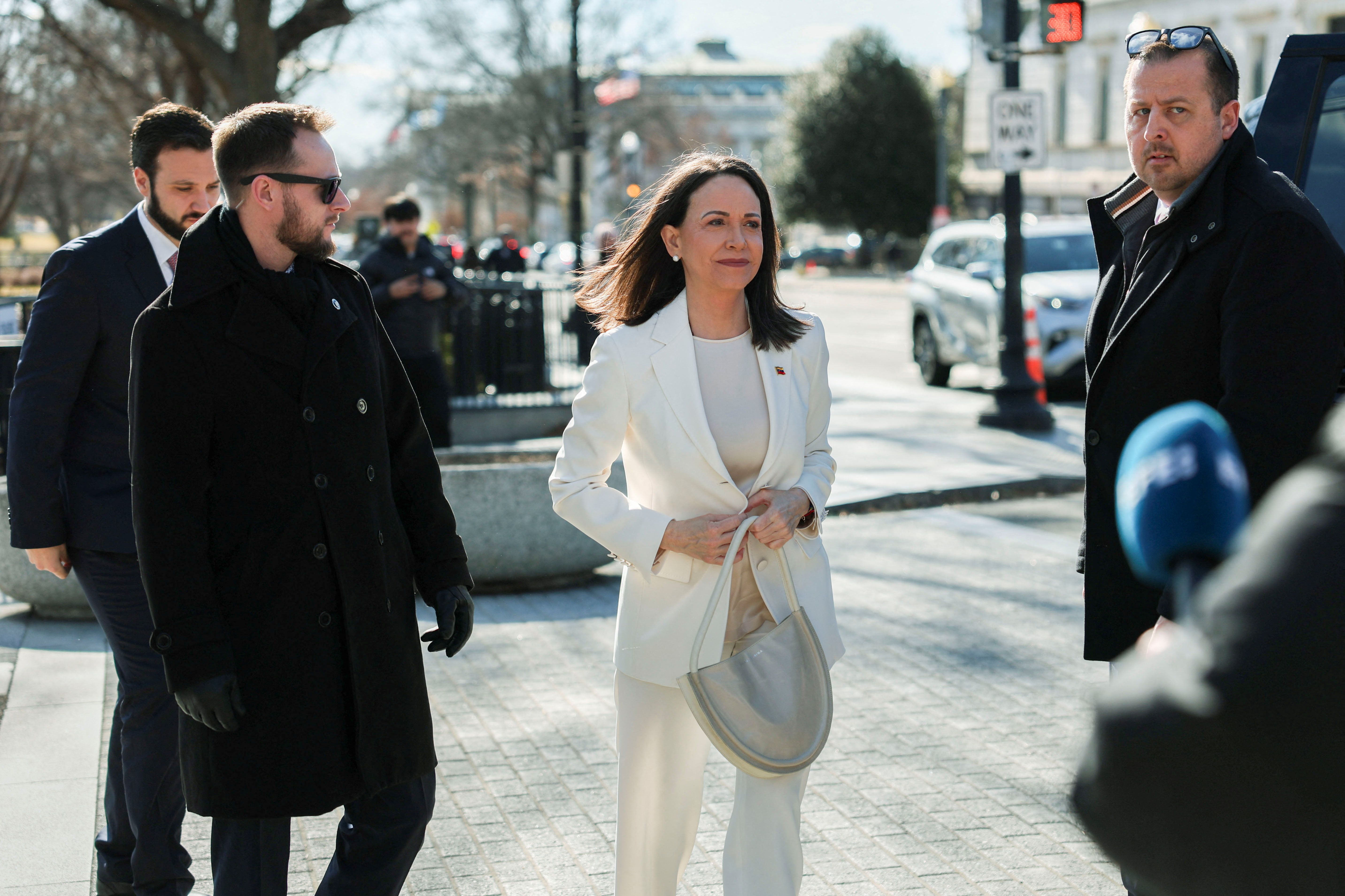 María Corina Machado arrives for a meeting at the White House