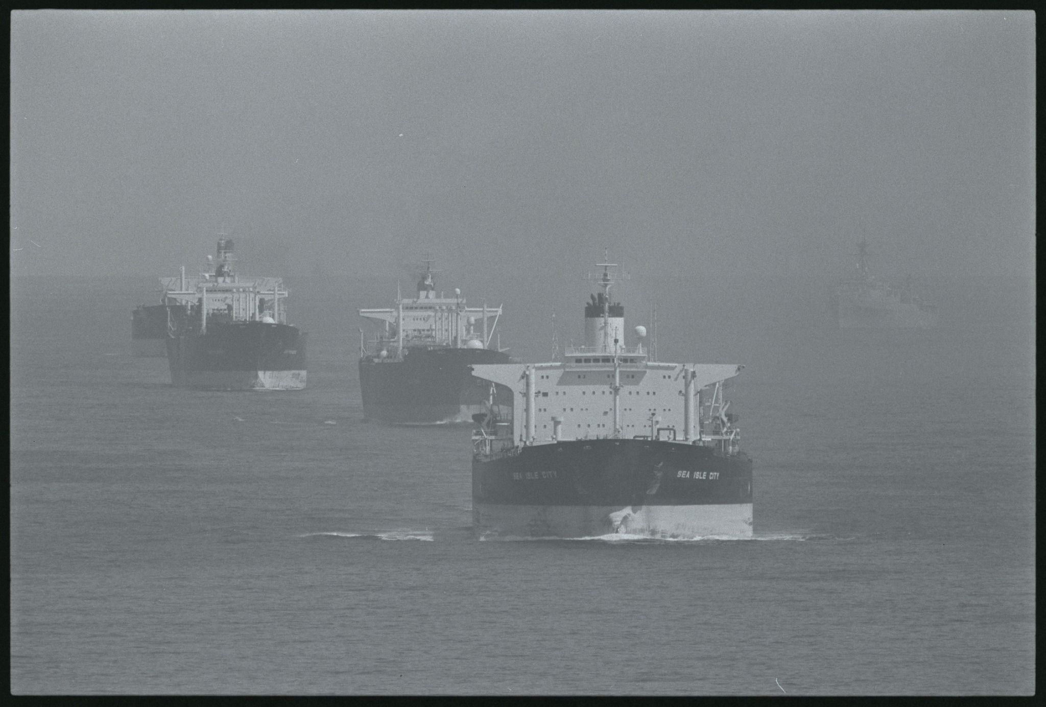 Tanker Sea Isle City leads a convoy of four reflagged Kuwaiti tankers in the Gulf.