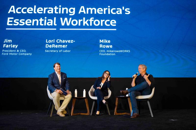 Ford CEO Jim Farley, U.S. Secretary of Labor Lori Chavez DeRemer, and Mike Rowe