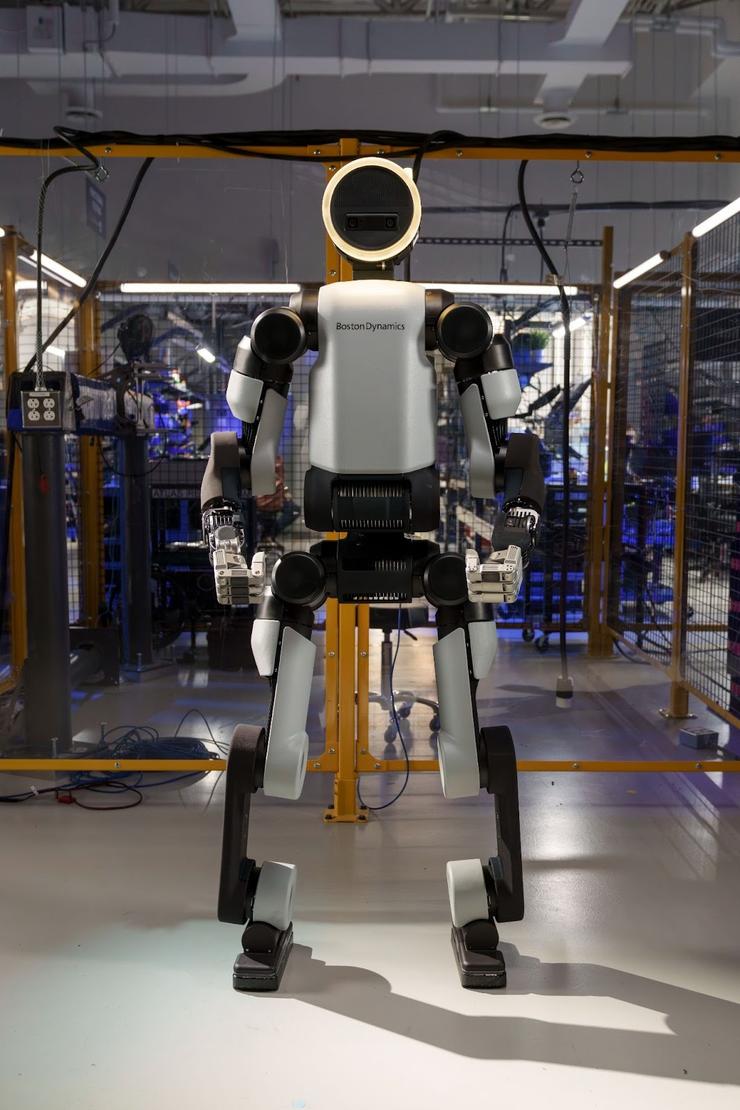 A humanoid robot in a warehouse.