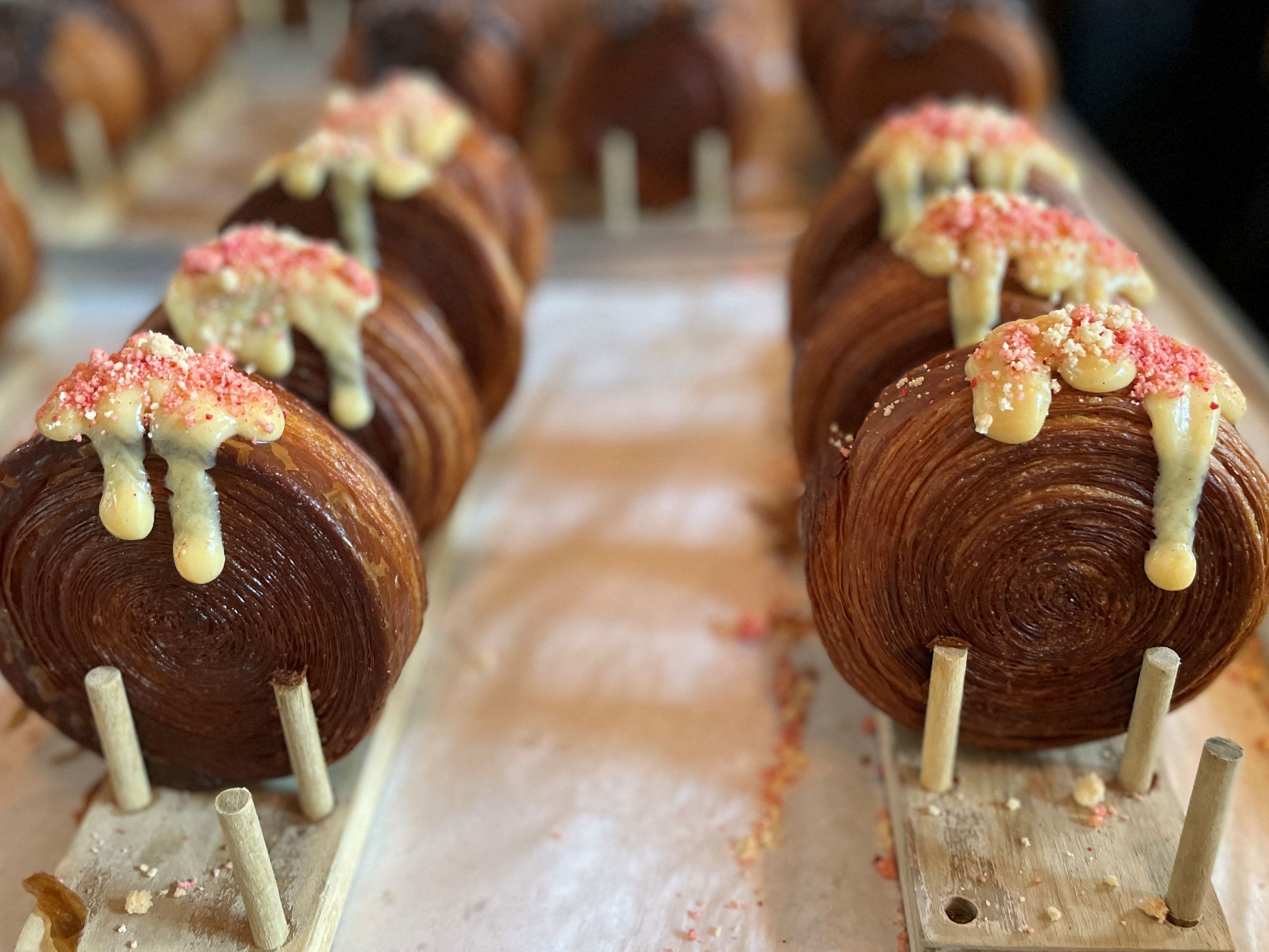 Peaches and cream Supremes are seen on display at Lafayette Grand Cafe & Bakery, in New York.