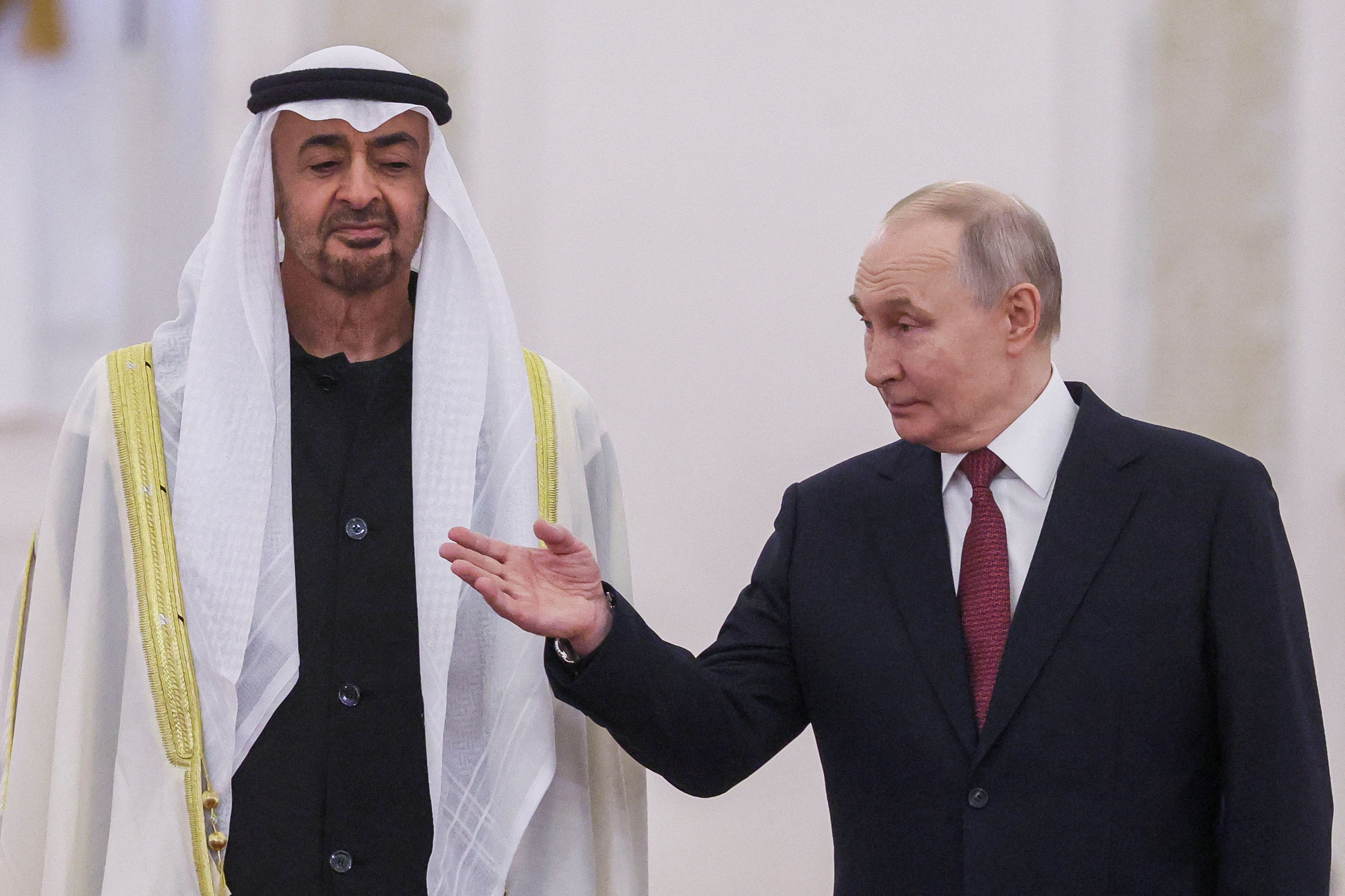Russian President Vladimir Putin and UAE’s President Sheikh Mohammed bin Zayed Al Nahyan attend a welcoming ceremony at the Kremlin in Moscow, Russia, January 29, 2026.