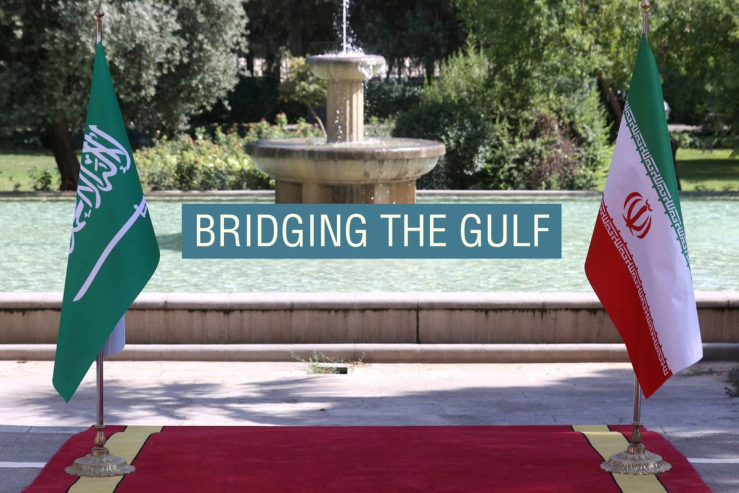 Iranian and Saudi flag in Tehran, Iran, following rapprochement between the two countries.