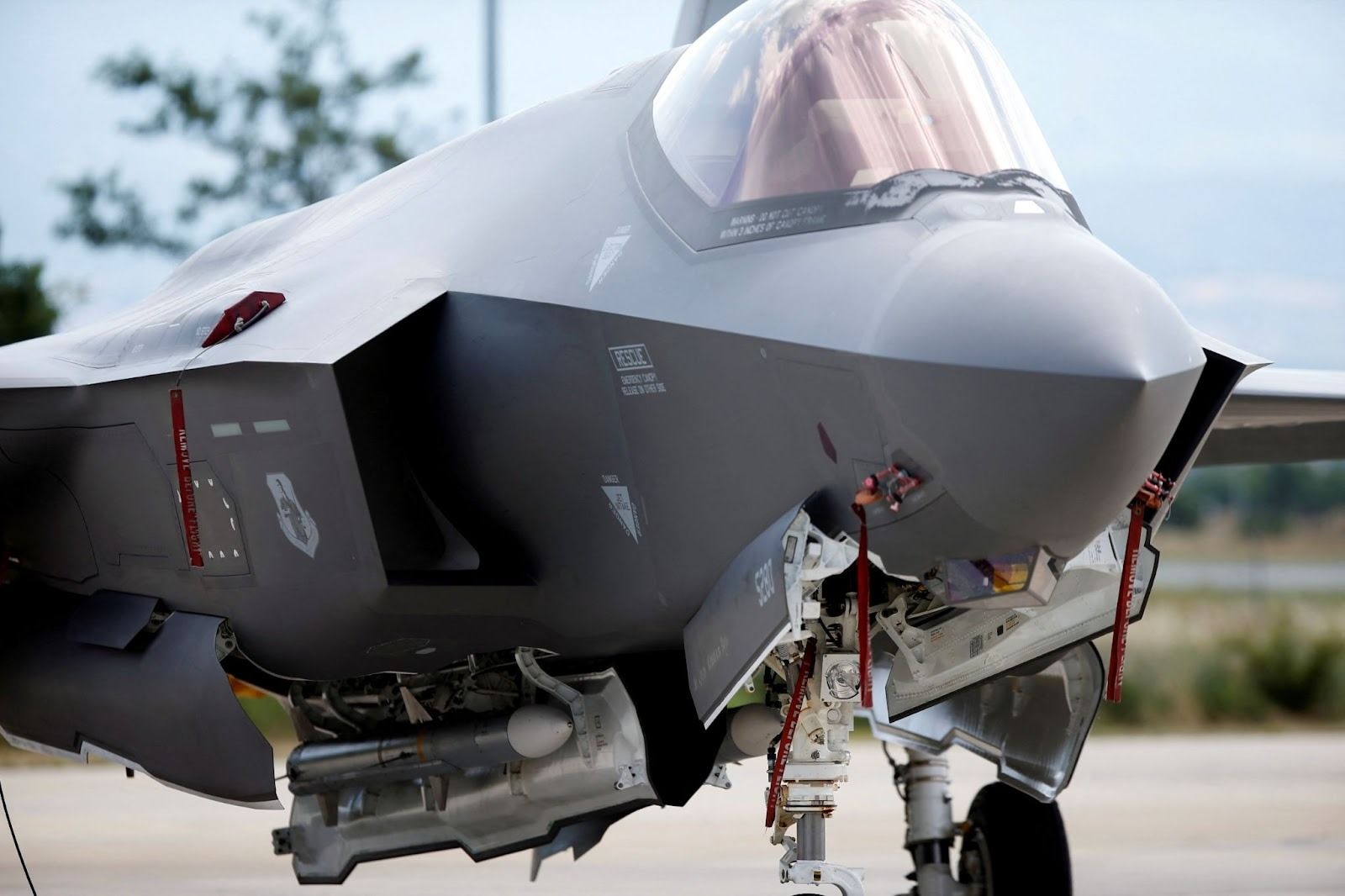  An F35 fighter jet from the Vermont Air National Guard’s 134th fighter squadron in North Macedonia.