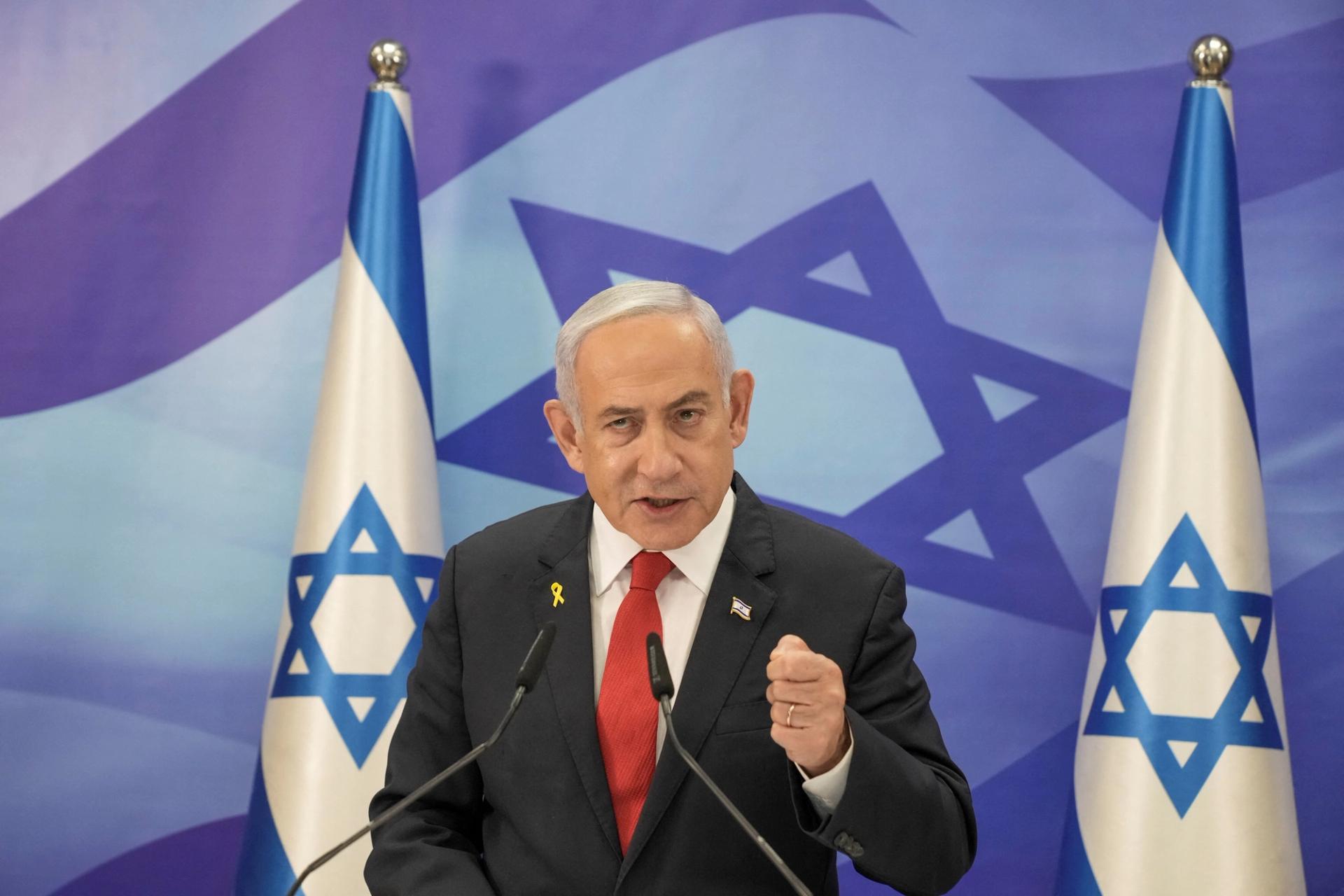 Israeli Prime Minister Benjamin Netanyahu speaks during a press conference in Jerusalem, December 2024.