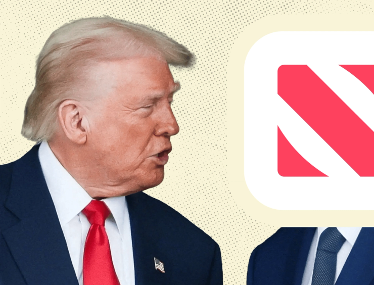 Trump speaking to a figure with the Apple News logo for a head