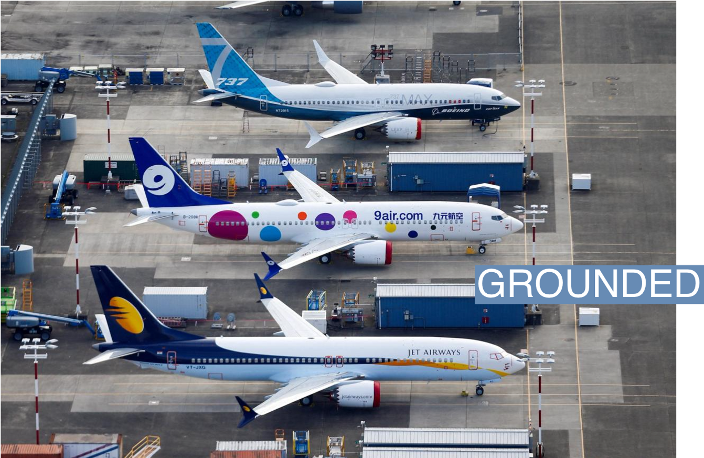 FILE PHOTO: An aerial photo shows Jet Airways and 9 Air Boeing 737 MAX airplanes, as well as a 737 MAX 7, grounded at Boeing Field in Seattle, Washington, U.S. March 21, 2019. REUTERS/Lindsey Wasson/File Photo