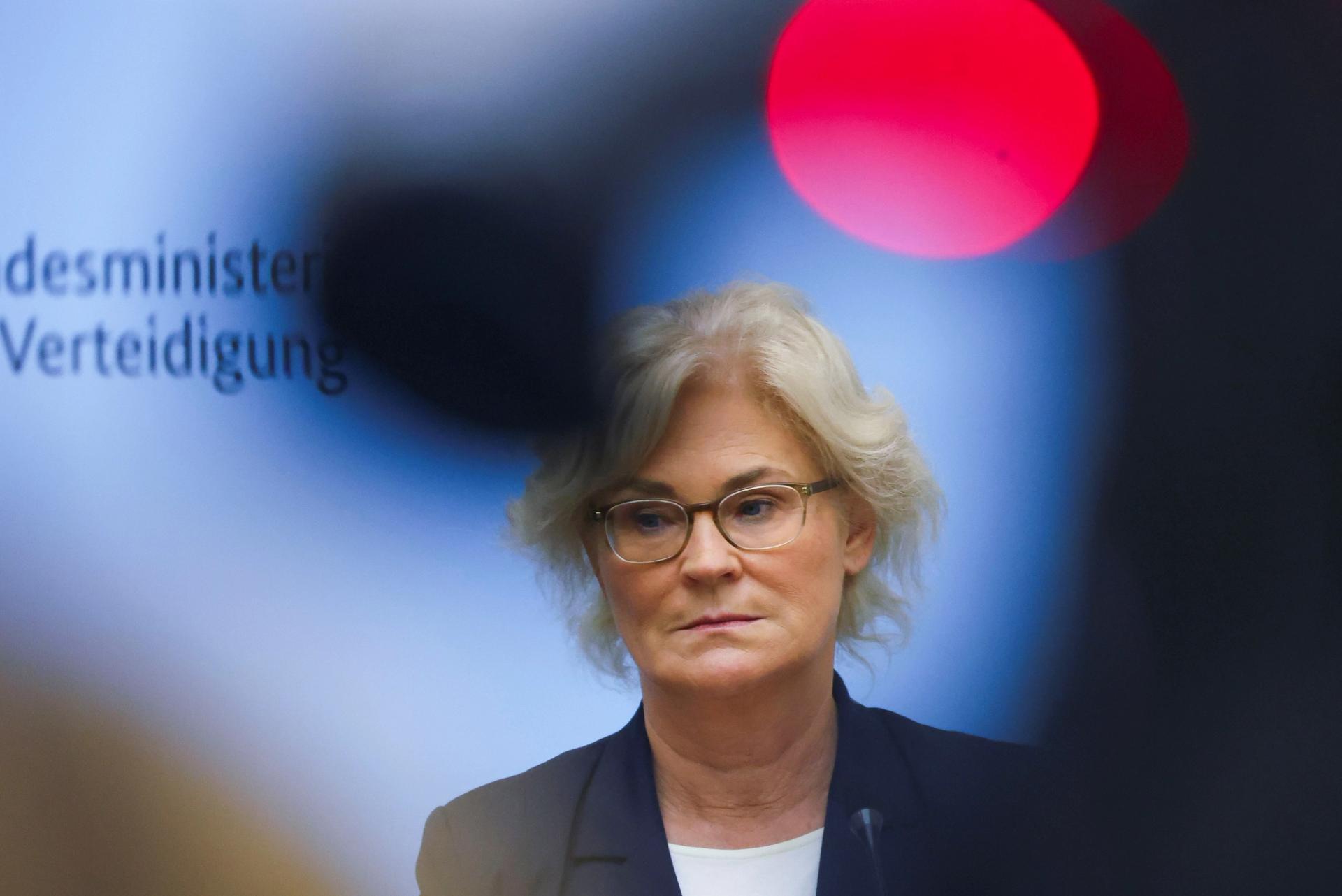 German Defence Minister Christine Lambrecht attends a news conference on the Puma battle tanks, following a meeting at the Ministry of Defence in Berlin, Germany, January 13, 2023.