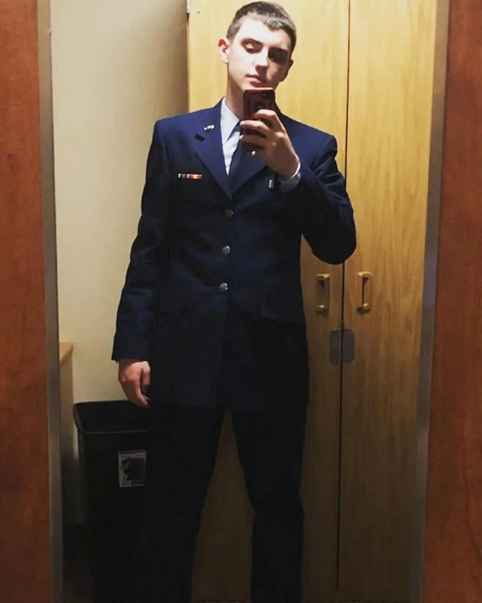 An undated picture shows Jack Douglas Teixeira, a 21-year-old member of the U.S. Air National Guard, who was arrested by the FBI, over his alleged involvement in leaks online of classified documents, posing for a selfie at an unidentified location. 