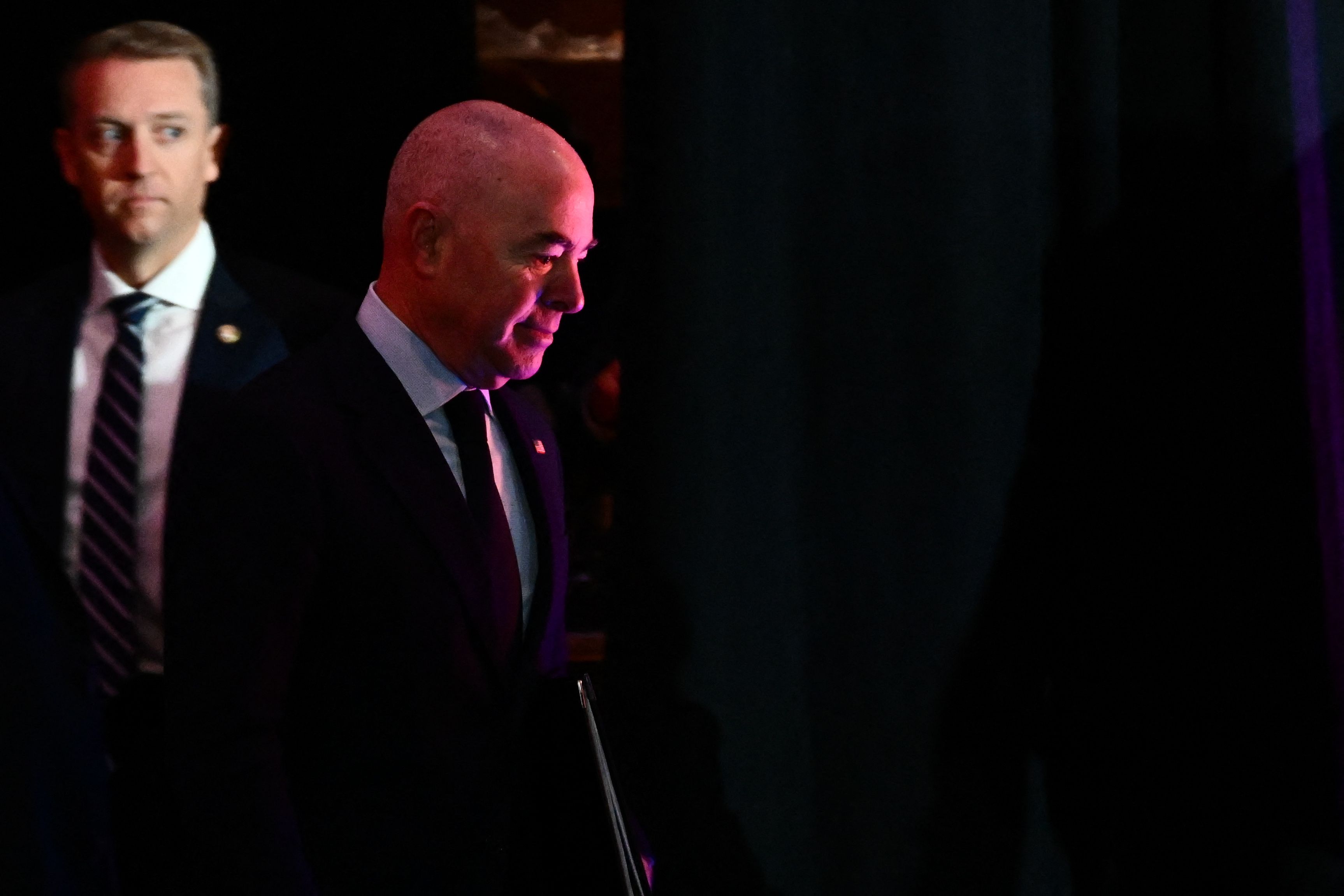 U.S. Homeland Security Secretary Alejandro Mayorkas arrives for a news conference about security ahead of Super Bowl LVIII at Allegiant Stadium in Las Vegas, Nevada, on Feb. 7, 2024. 