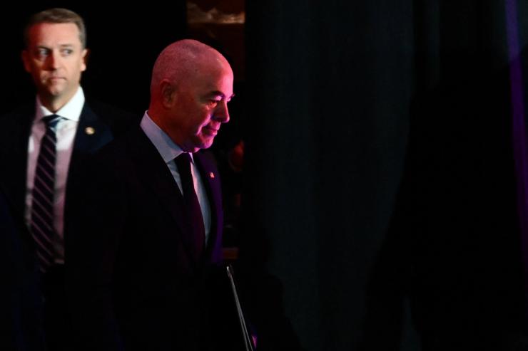 U.S. Homeland Security Secretary Alejandro Mayorkas arrives for a news conference about security ahead of Super Bowl LVIII at Allegiant Stadium in Las Vegas, Nevada, on Feb. 7, 2024.