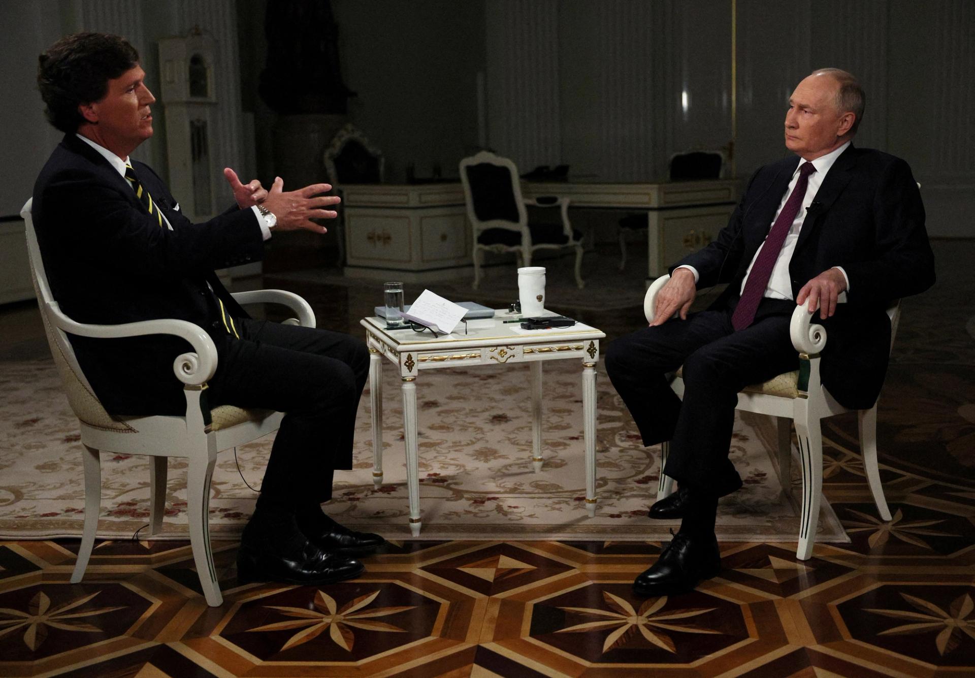 Russian President Vladimir Putin in an interview with Tucker Carlson in Moscow, Russia February 6, 2024