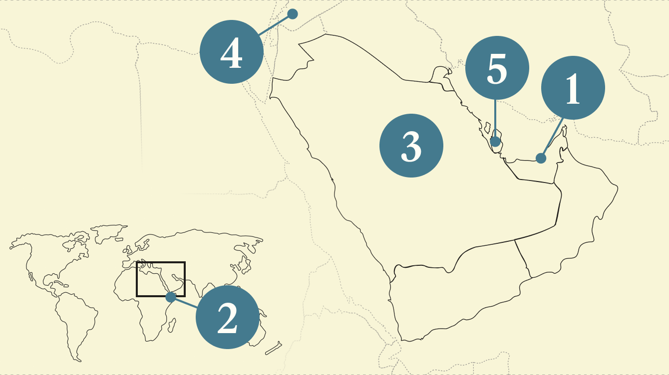 A numbered map of the Gulf region.