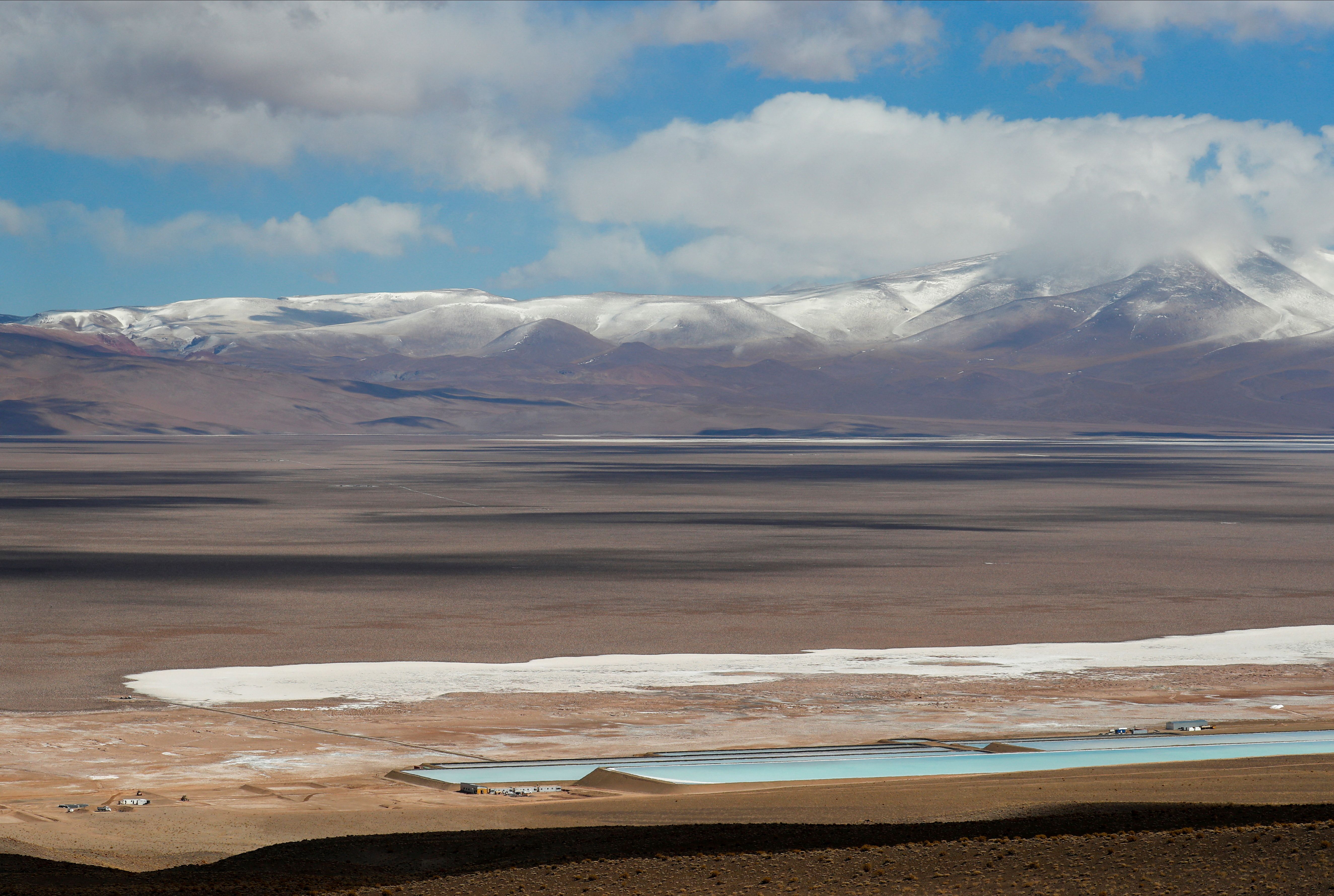 Brine pools used to extract lithium next to a lithium mining camp in Salta, Argentina.