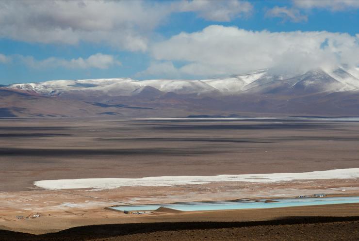 Brine pools used to extract lithium next to a lithium mining camp in Salta, Argentina.