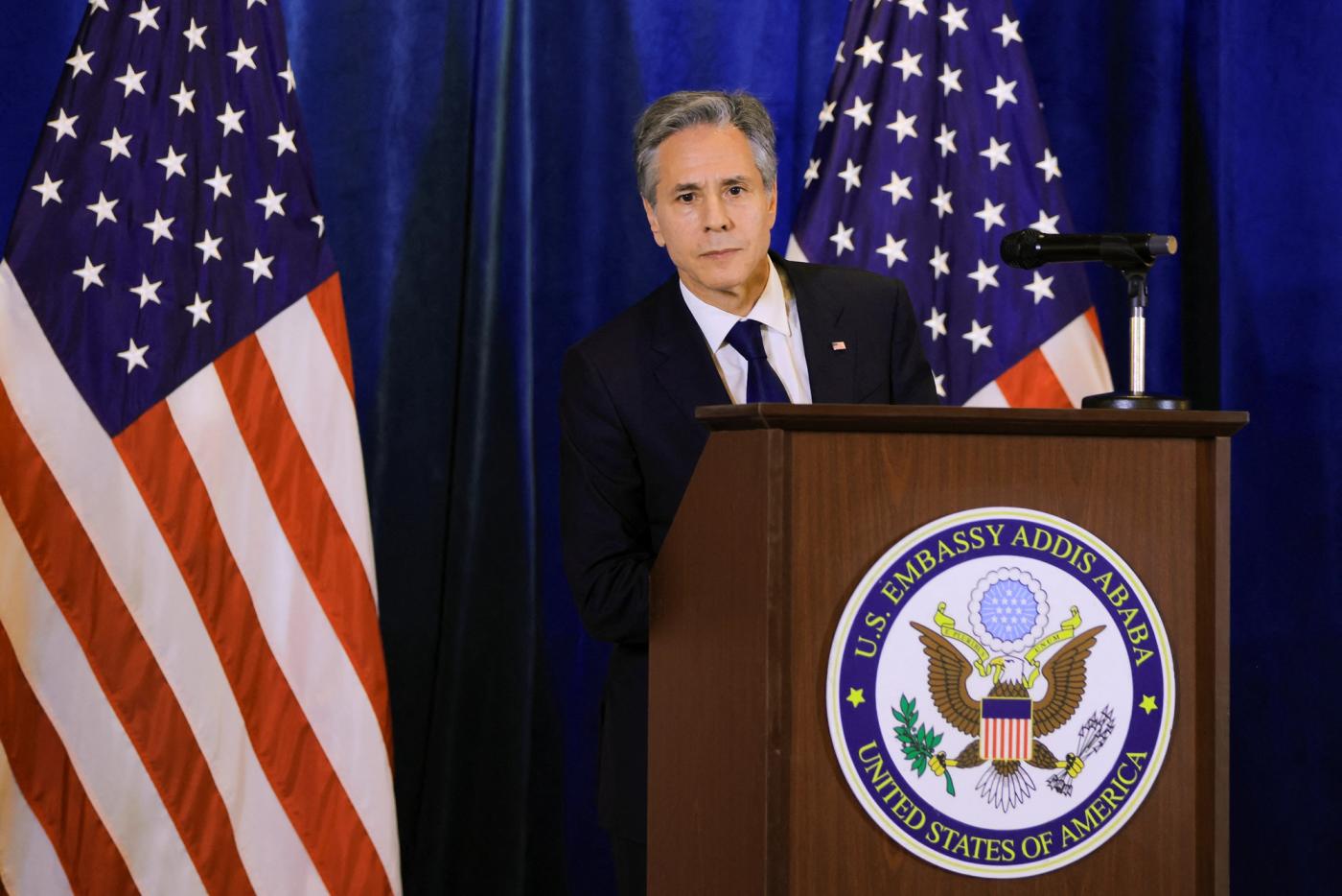 U.S. Secretary of State Antony Blinken attends a news conference during his visit to Ethiopia.