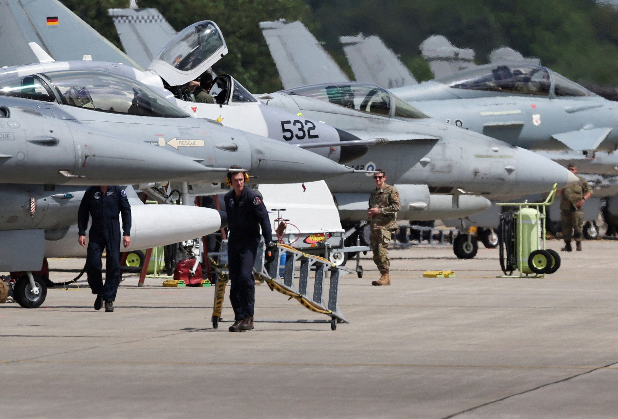 Combat aircrafts at the American military’s Ramstein Air Base in Germany