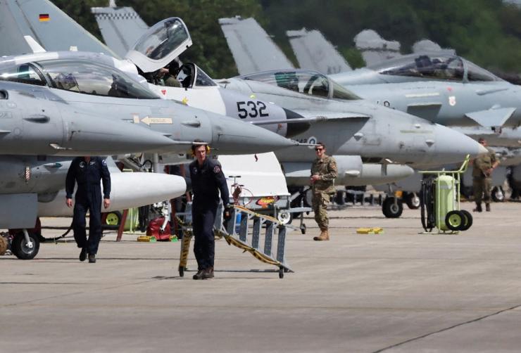 Combat aircrafts at the American military’s Ramstein Air Base in Germany